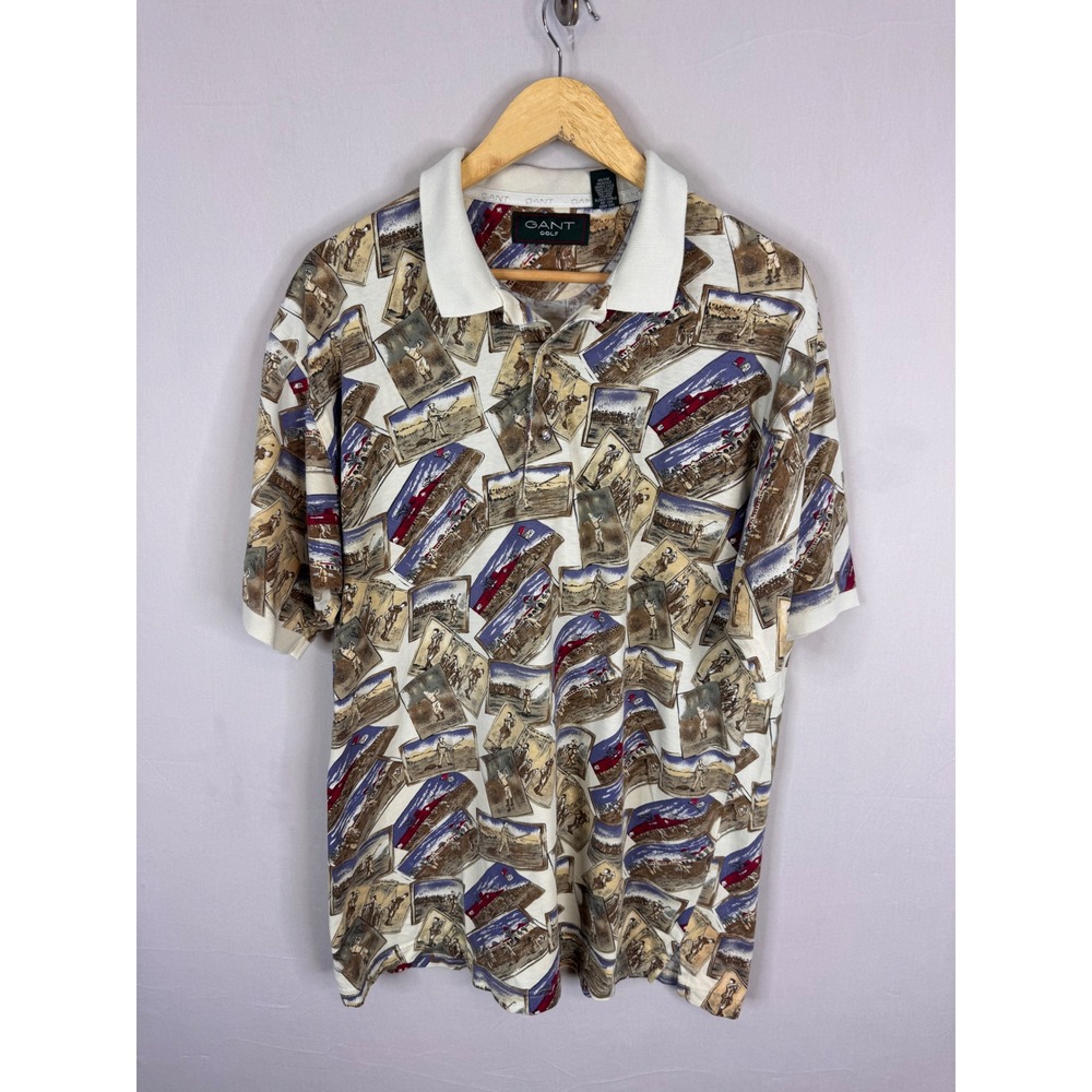 Gant Golf Vintage Postcard Print Polo Shirt Mens XL White Cotton Short Sleeve